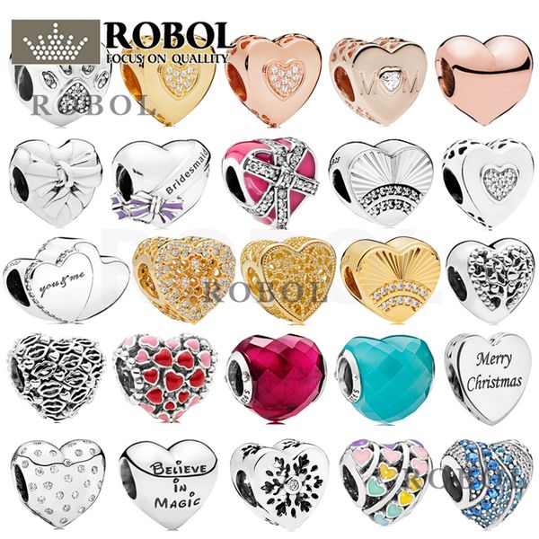 

925 silver fit pandora charm 925 bracelet heart-shaped 2021 valentine's day gift jewelry charms set pendant diy fine beads jewelry d194, Bronze;silver