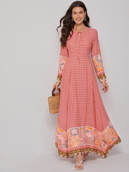 

all over print tie neck asymmetrical hem dress d4ua#, Black;gray