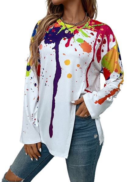 

splash ink print split hem tee s2vk#, White