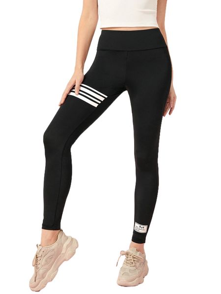

striped slogan patched detail wideband waist leggings o1tx#, White;black