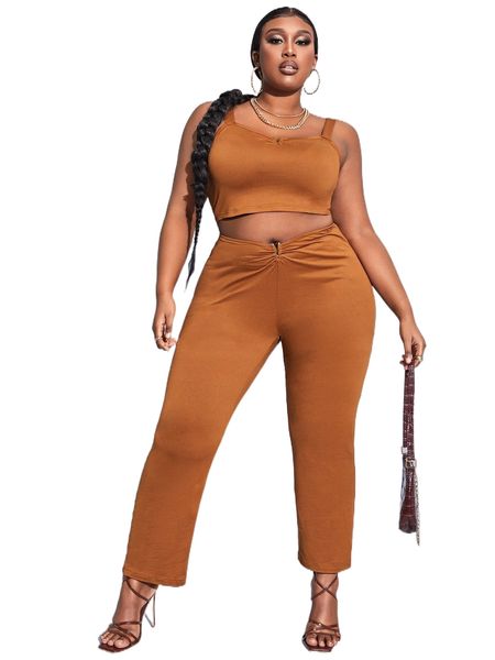 

sxy plus solid cami & ruched pants c2lv#, Black