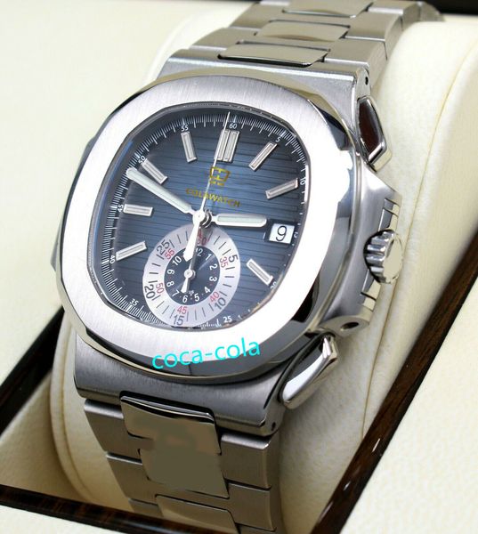 

store recommendation waterproof watch fashion 5980/1a 40mm blue dial chronograph watch movement automatic mens watch, Slivery;brown