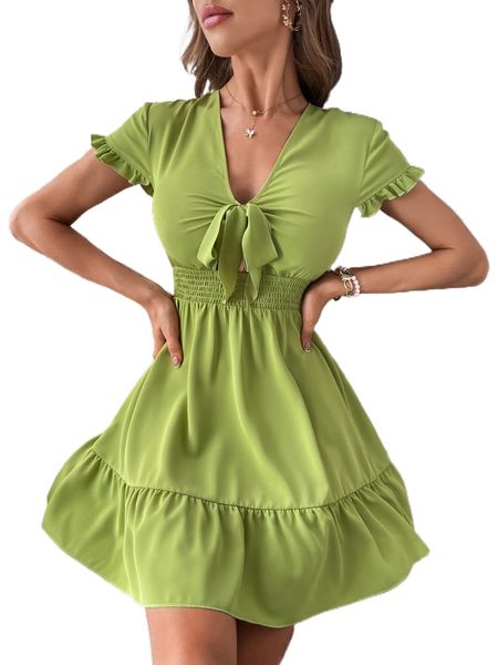 

tie front shirred waist ruffle trim dress d03d#, Black;gray