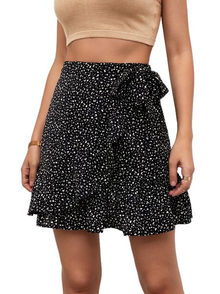 

x domelipa allover print ruffle trim tie side wrap skirt l19u#, Black