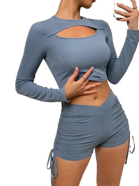 

solid cut out tee & drawstring side shorts a4wb#, White