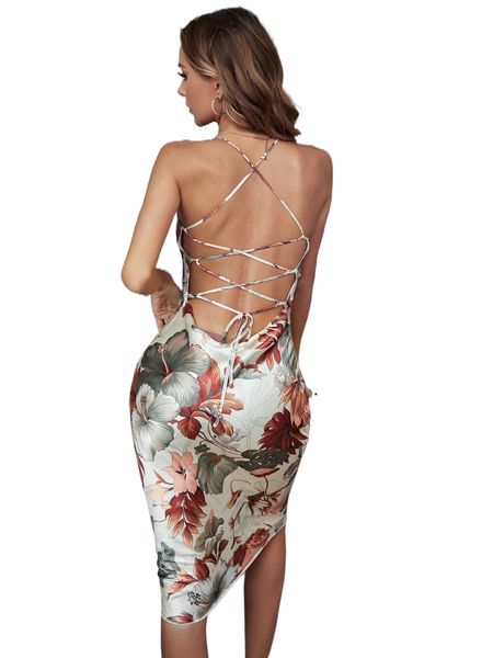 

floral print lace up backless night dress n8uu#, Black;red