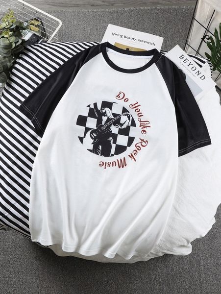 

men figure & slogan graphic contrast raglan sleeve tee g03l#, White;black