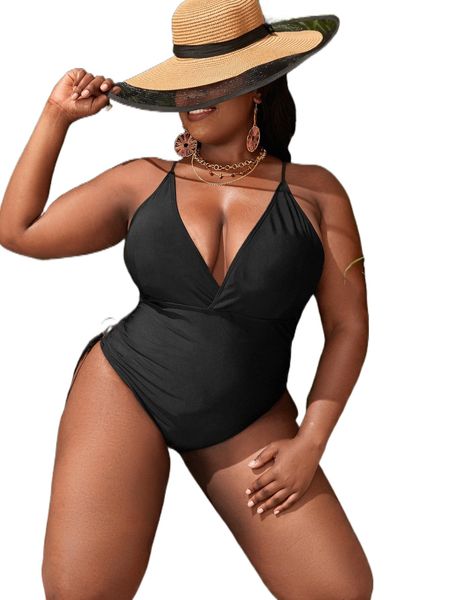 

plus lace up backless tie side one piece swimsuit 09kg#, White;black