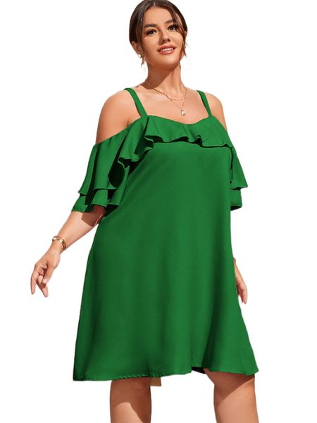 

plus cold shoulder ruffle trim dress w83z#, Black