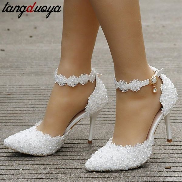 

wedding shoes bride white female high heels ankle strap pumps women rhinestones lace party shoe 42 220721, Black