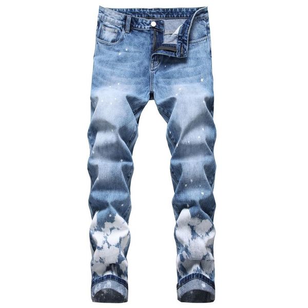 

men's jeans straight denim ripped non-stretch trousers casual design, Blue