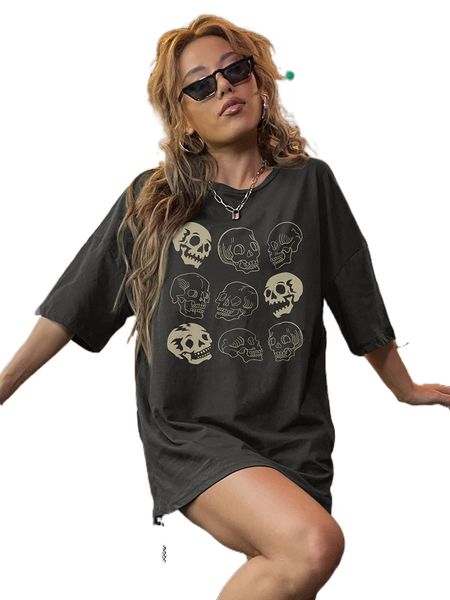 

skull print drop shoulder tee v6h7#, White