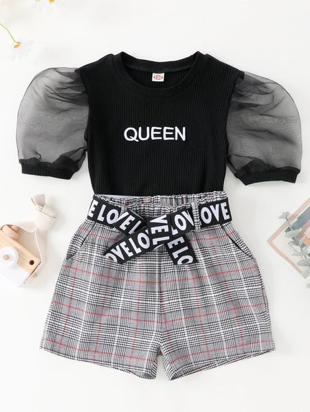 

girls letter graphic mesh puff sleeve tee & glen plaid belted shorts she, White
