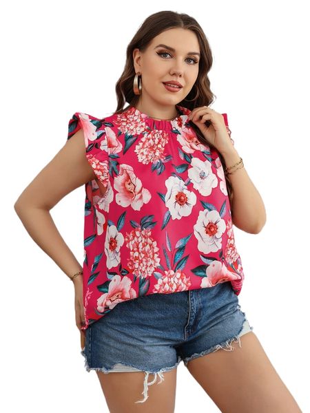 

plus floral print frill neck ruffle trim blouse f7a0#, Black