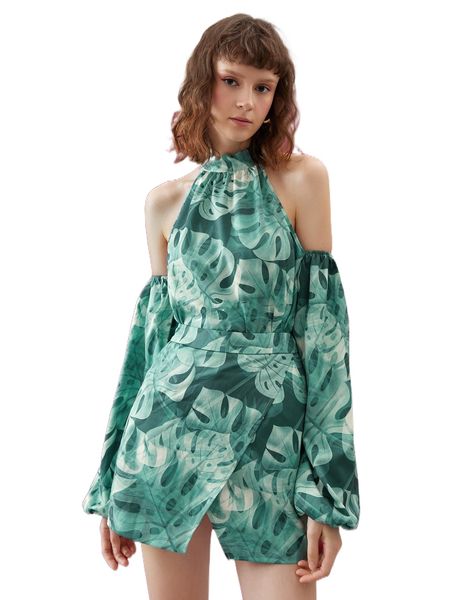 

x mcnx tropical print cold shoulder & skirt set j9oh#, White