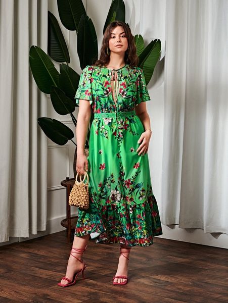 

plus tie front floral print ruffle hem lace tape dress u9hb#, Black