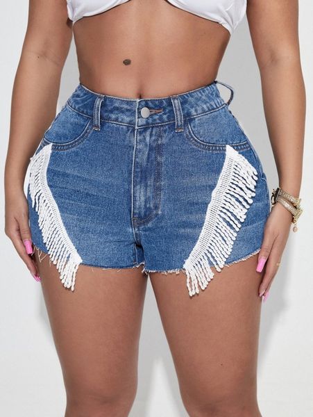 

fringe trim raw hem denim shorts a7gq#, White;black