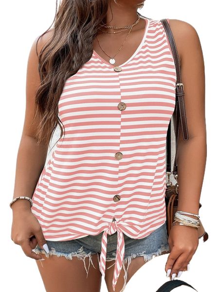 

plus striped button detail knot hem tank h9pw#, Black