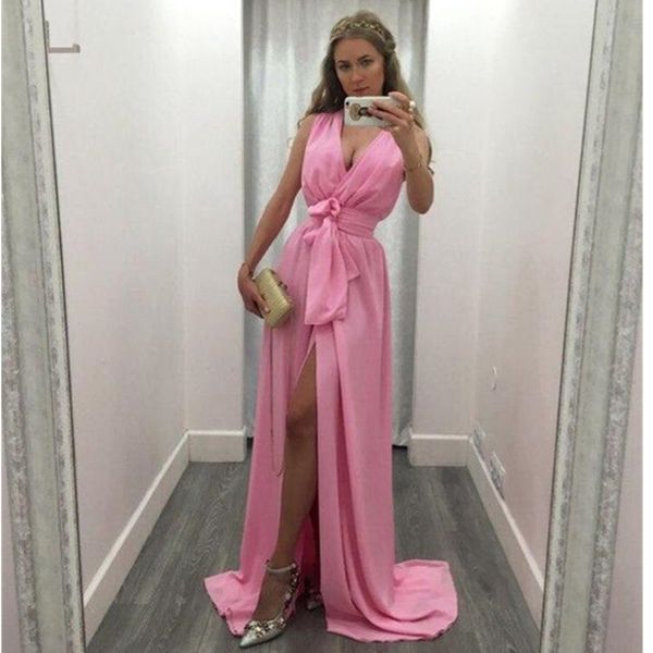 

elegant v neck country bridesmaid dresses plus size mermaid high split beach after party look maid of honors wear, White;pink