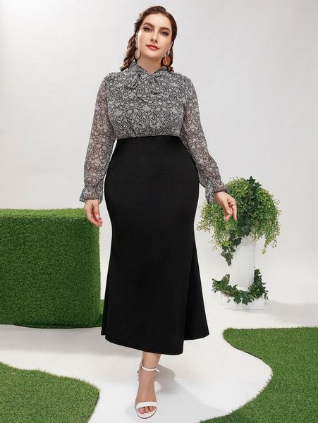 

plus floral print tie neck dress n7iy#, Black