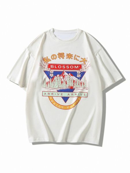 

men mountain & japanese letter graphic tee l6uj#, White;black