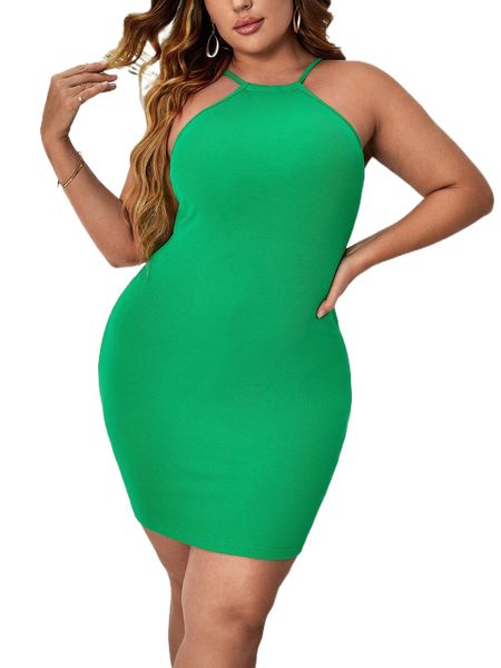 

plus solid backless halter dress 21am#, Black