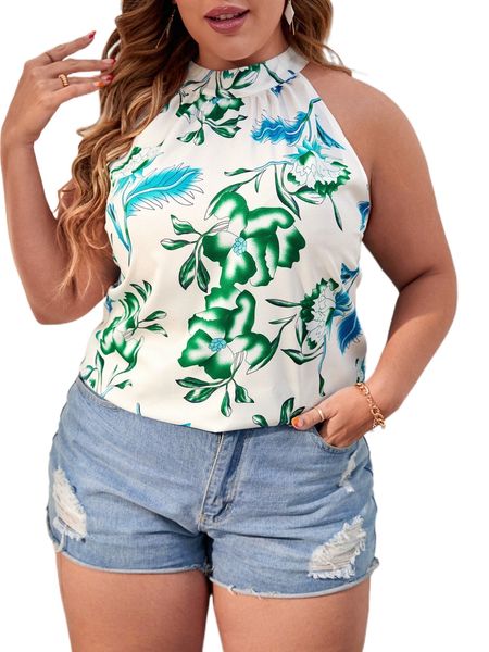 

plus floral print halter tie back blouse k2b2#, Black