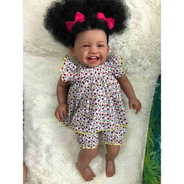 

bebes doll with rebirth doll imitation baby black baby silicone doll curly hair broken flower skirt children's holiday gift aa220325