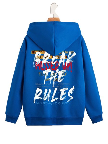 

slogan graphic kangaroo pocket drawstring zip-up thermal hoodie v1ft#, Black