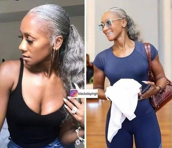 

silver grey human hair ponytail hair piece salt and pepper real horsetail wraps around for black women bun updo puff extensions hairs 120g