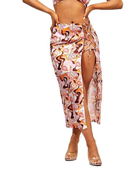 

random floral print lace up side satin slit skirt n8pe#, Black