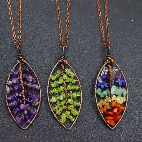 Blatt-Reiki-Heilsteine-Halsketten, 7 Chakra-Kristall, Baum des Lebens, bunte natürliche Edelsteinblätter, Pendel-Anhänger-Halskette für Frauen, Geschenke