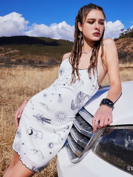 

romwe sun & moon graphic cami dress e2wk#, Black;gray