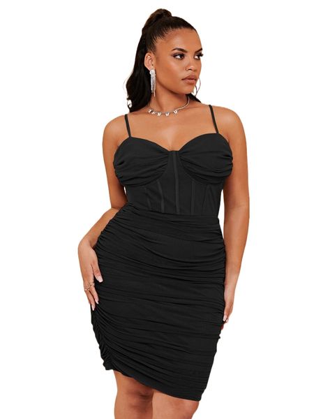 

bae plus ruched mesh bodycon dress m04m#, Black