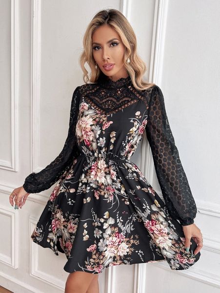 

guipure lace insert floral print lantern sleeve mock neck dress a5ih#, Black;gray