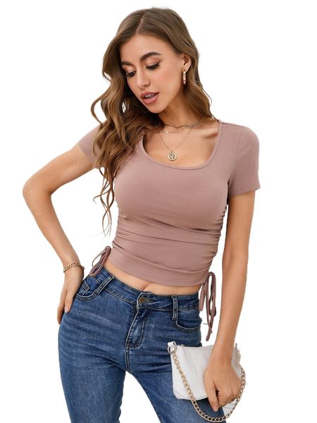 

solid drawstring ruched ribbed crop tee i736#, White