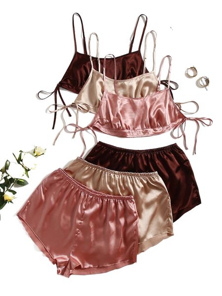 

3pcs tie side satin cami pj set g1p1#, Black;red