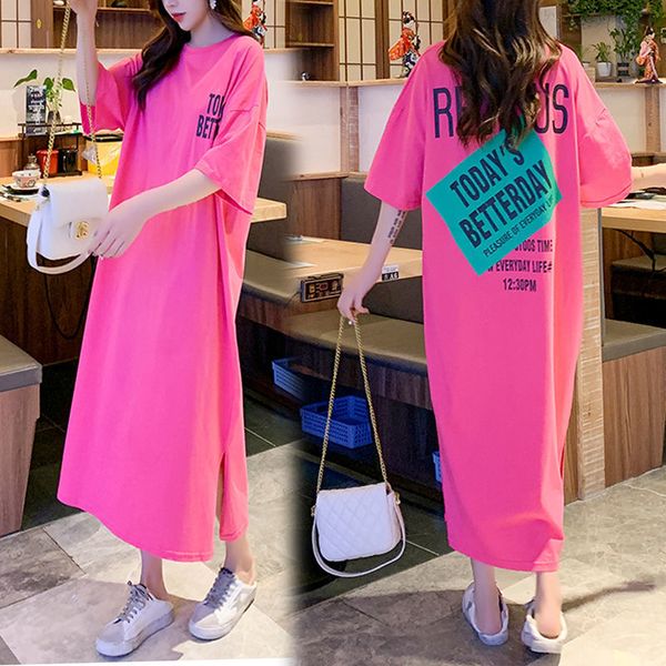 Oversize Patchwork Long T Shirt Dress Donna 2022 Estate Coreano Cotone allentato Abiti da donna Abito con stampa Todays betterday