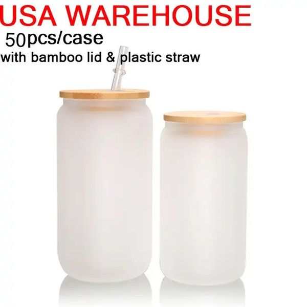 USA Warehouse 16 once sublimazione tazze di vetro spazi vuoti bianchi con coperchio in bambù lattina di birra glassata bicchiere borosilicato bicchieri di vetro con cannuccia di plastica