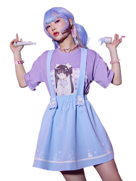 

romwe anime cartoon print pinafore skirt z8lw#, Black