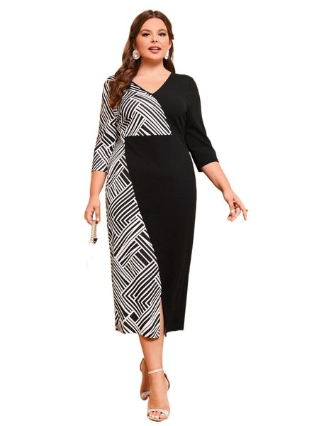 

plus geo print split front dress o801#, Black
