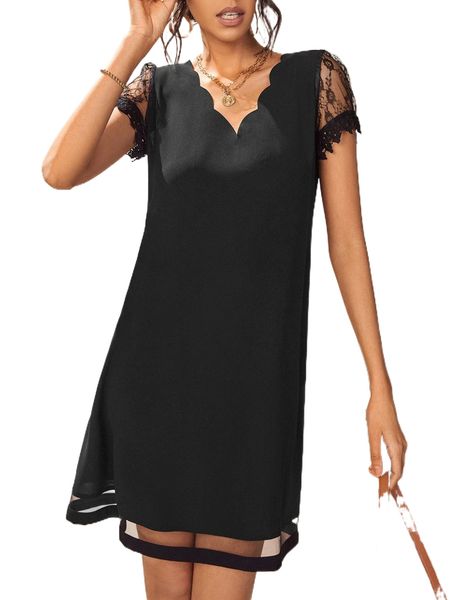 

c.ontrast l.ace s.callop trim t.unic d.ress o5ek#, Black;gray