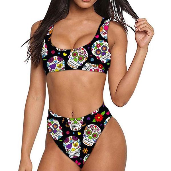 

teen girls summer bathing suit cute sugar skull print sport crop bikini set women swimsuit swimming suits ladies swimwear 220616, White;black