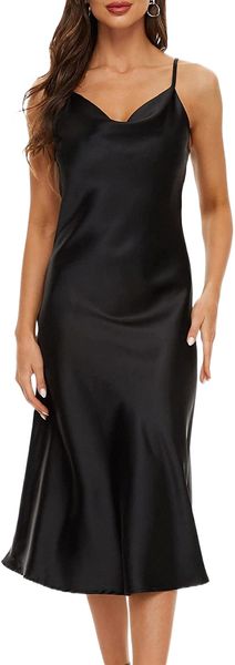 

women's sleeveless spaghetti strap satin dress cocktail beach evening party cowl neck midi elegant dresses 191p#, Black;gray