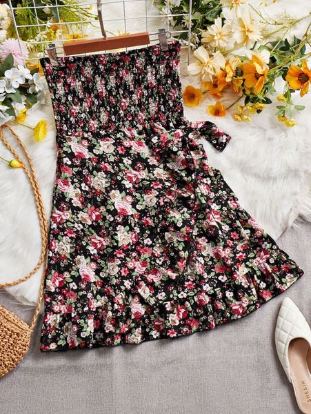 

floral print shirred ruffle trim wrap knot side tube dress h2xy#, Black;gray