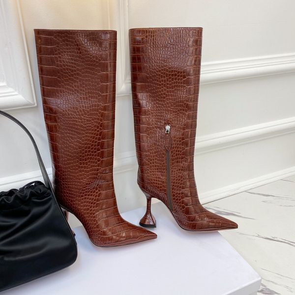 

womens stiletto knee boots with alligator print classic genuine leather exquisite appearance elegant temperament full of fashion sense, Black