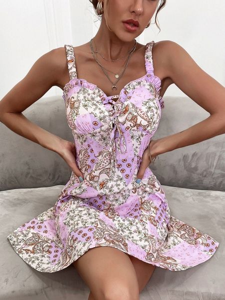 

patchwork print frill trim cami dress 11mk#, Black;gray