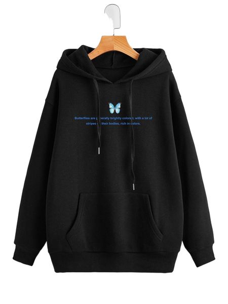 

butterfly & slogan graphic thermal lined hoodie l3rz#, Black