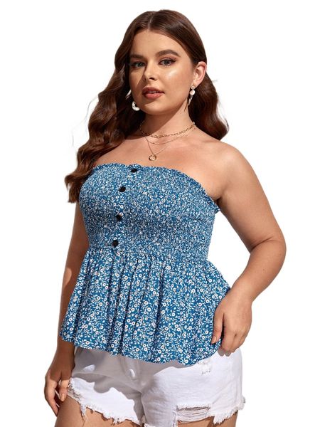 

plus ditsy floral shirred tube l5ft#, Black