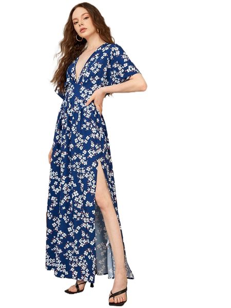 

x leonie somes floral print batwing sleeve split thigh dress 32ld#, Black;gray